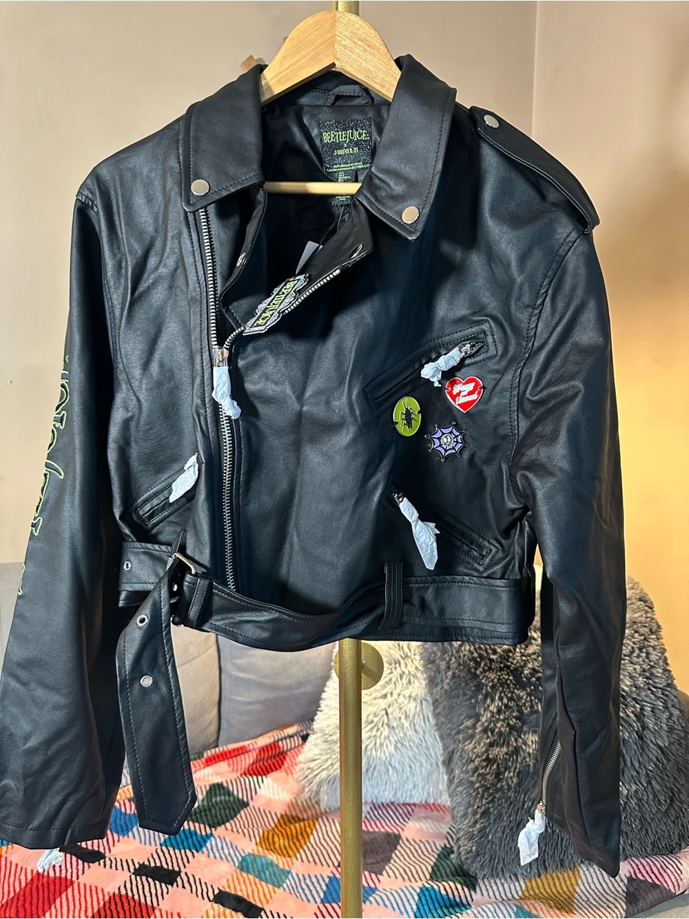 Beetlejuice Black Women's Moto Leather Jacket with Patch Details